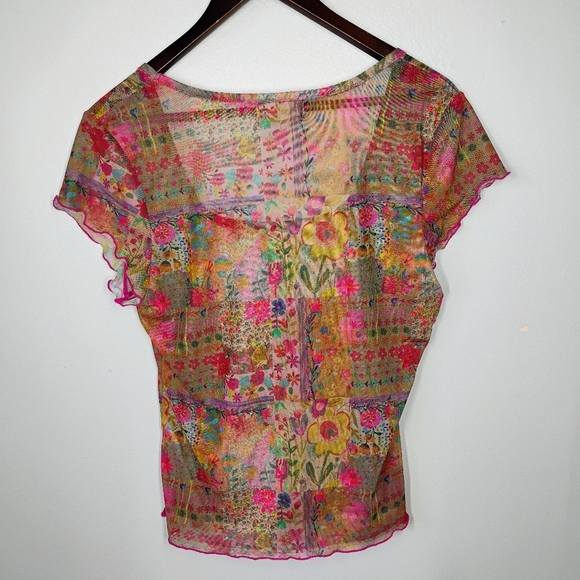 Natural Life Devon Mesh Short Sleeve Top Womens Large Multicolor Floral Hippie - Picture 4 of 9